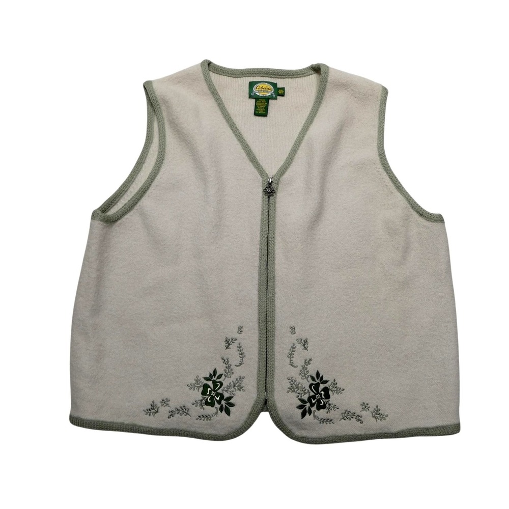 Cabela's Sweater Vest Womens 2XL White 100% Wool Full Zip Floral Embroidered